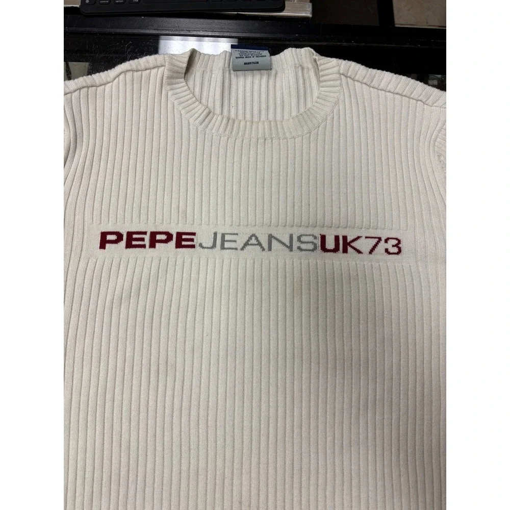 Vintage Y2K Pepe Jeans London Men's Size XL White Ribbed‎ Knit Sweater UK73